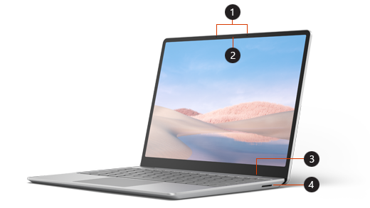 Bublinové popisky na přední straně zařízení Surface Laptop Go