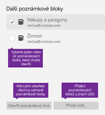 Snímek obrazovky s oknem Další poznámkové bloky ve OneNotu
