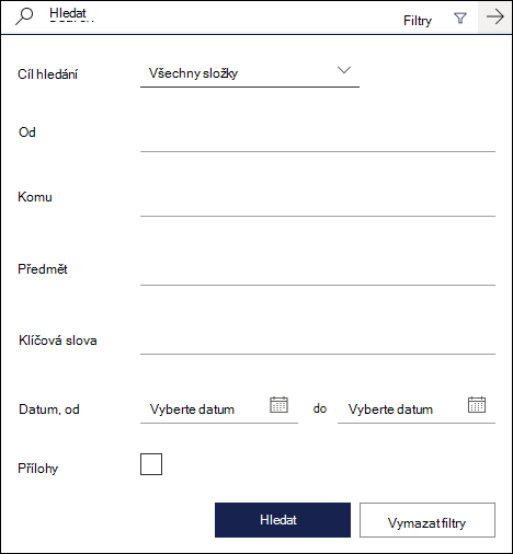 Vyhledávací pole v Outlook na webu zobrazující dostupné filtry