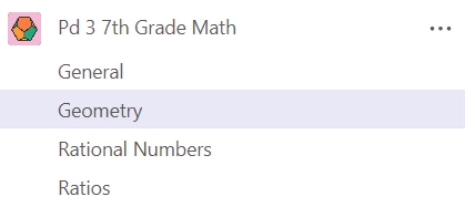 Kanál s názvem "Pd 3 7th Grade Math" (Matematika pro 7. třídu) obsahuje kanály pro obecné věci, geometrii, racionální čísla a poměry.
