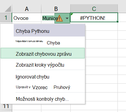 Chyba v buňce Pythonu v Excelu s otevřenou nabídkou chyb