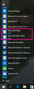 Office 2010 a Office 2013 v seznamu Všechny programy