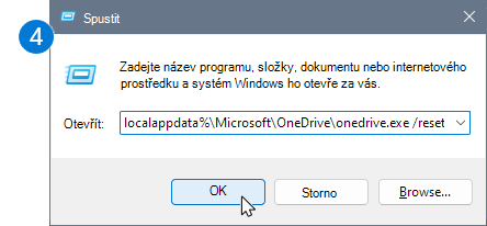 Ikona zobrazující dialogové okno Spustit s příkazy pro resetování