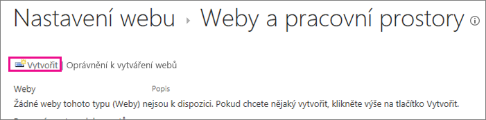 Odkaz vytvořit web v dialogovém okně Weby a pracoviště