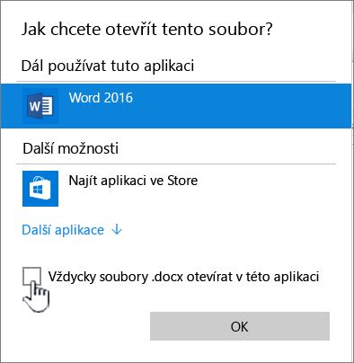 Dialogové okno Windows s výběrem aplikace, kterou chcete použít k otevření souboru