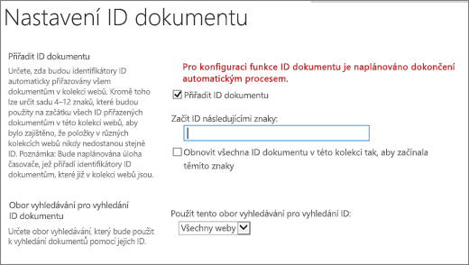 Přiřazení ID dokumentu na stránce Nastavení ID dokumentů
