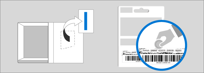 Zobrazuje umístění kódu Product Key na krabici od produktu a na kartě s kódem Product Key.