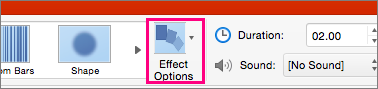 Ukazuje tlačítko Možnosti efektu v nabídce Přechody v PowerPointu 2016 pro Mac.