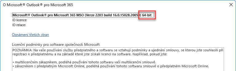Okno s podrobnostmi o aplikaci Microsoft Outlook.