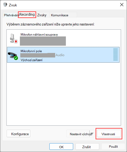 Přístup k vlastnostem zařízení pro vstup zvuku v nastavení zvuku ve Windows 11.