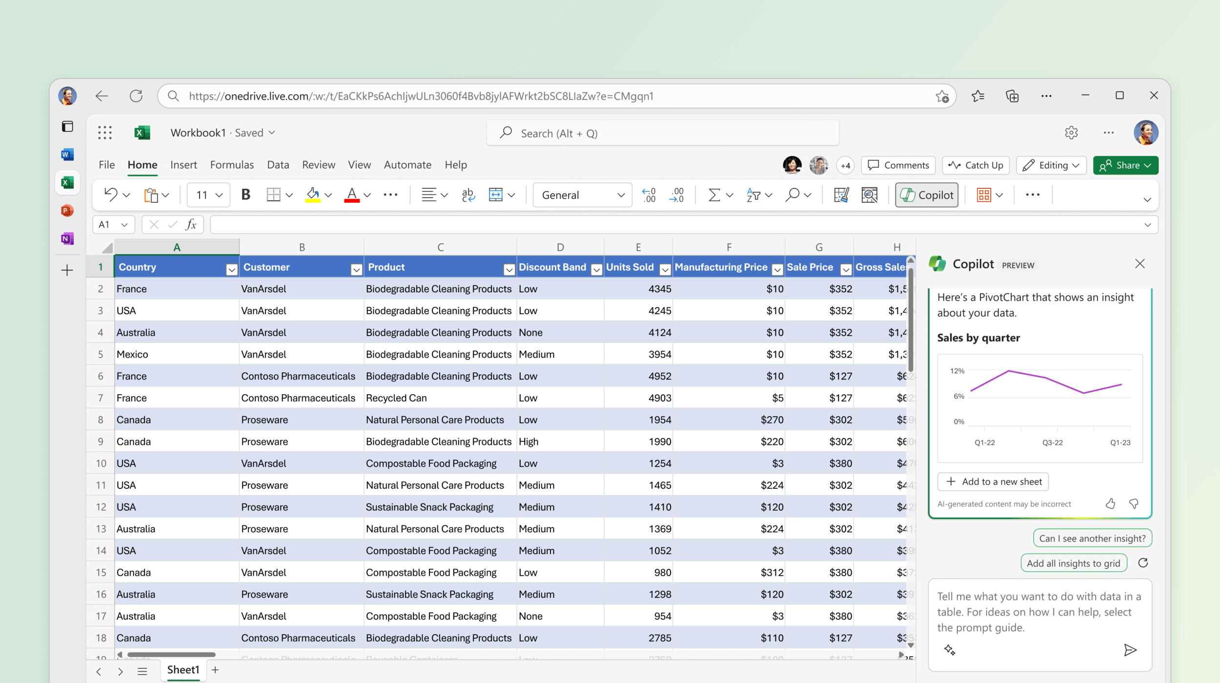 Snímek obrazovky znázorňující funkci Copilot v Excelu identifikující přehledy z existujících dat