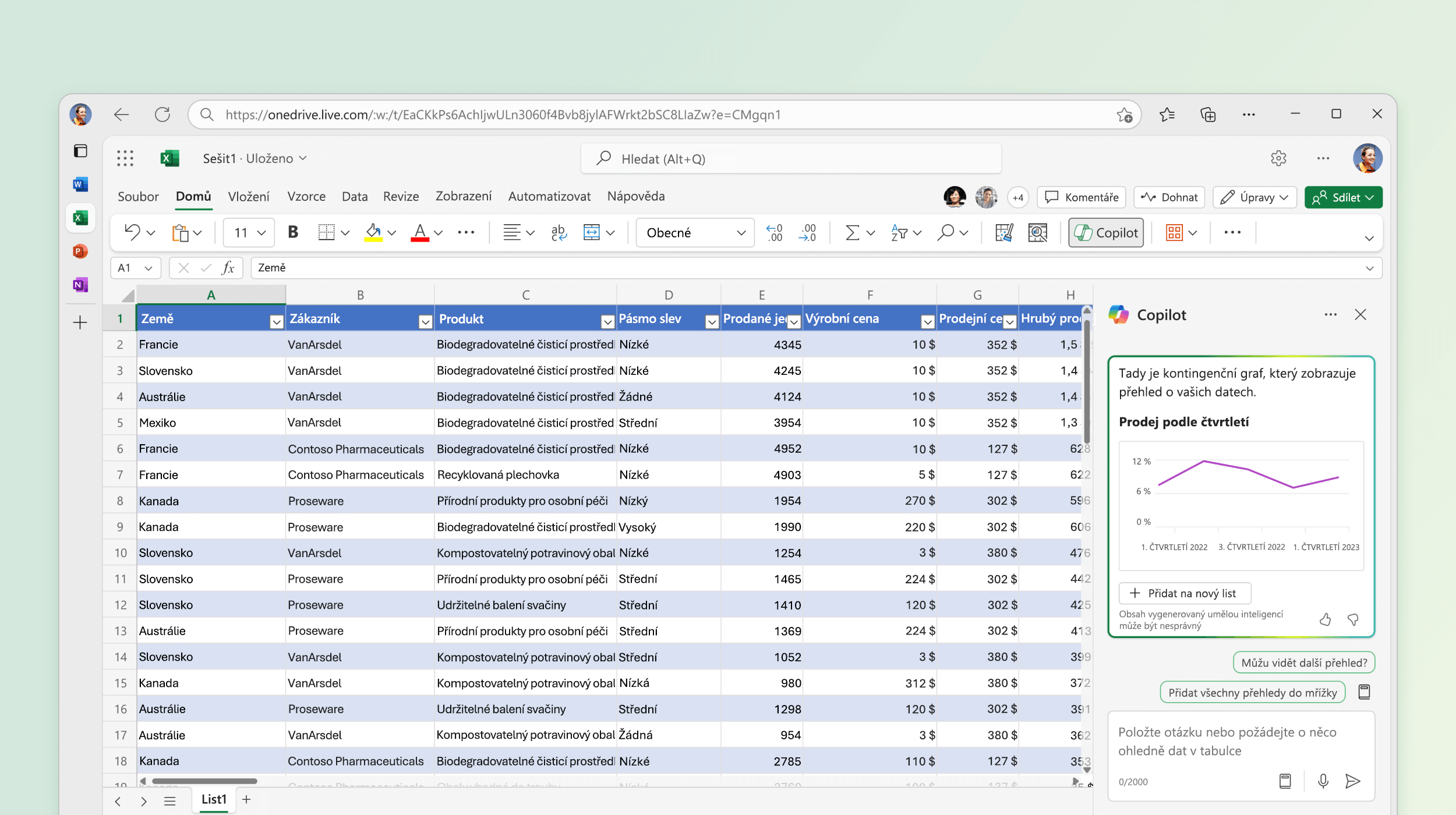 Snímek obrazovky znázorňující funkci Copilot v Excelu identifikující přehledy z existujících dat