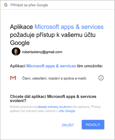 Zobrazení okna s oprávněními pro přístup Outlooku k vašemu účtu Gmailu