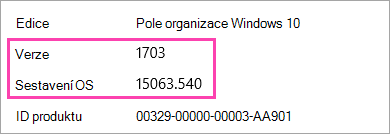 Snímek obrazovky zobrazující číslo verze a sestavení Windows
