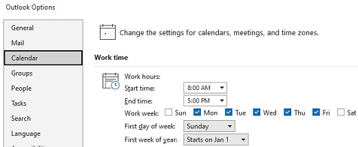 Snímek obrazovky s možnostmi pracovní doby kalendáře