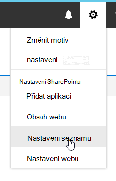 Nabídka Nastavení se zvýrazněnou možností Nastavení seznamu