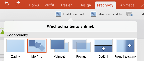 Zobrazuje přechod Morfing v nabídce Přechody v PowerPointu 2016 pro iPad