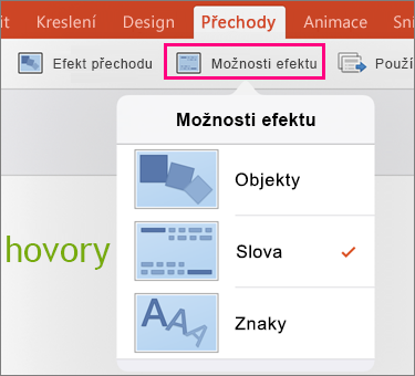 Zobrazuje možnosti efektu v přechodu Morfing v PowerPointu 2016 pro iPad