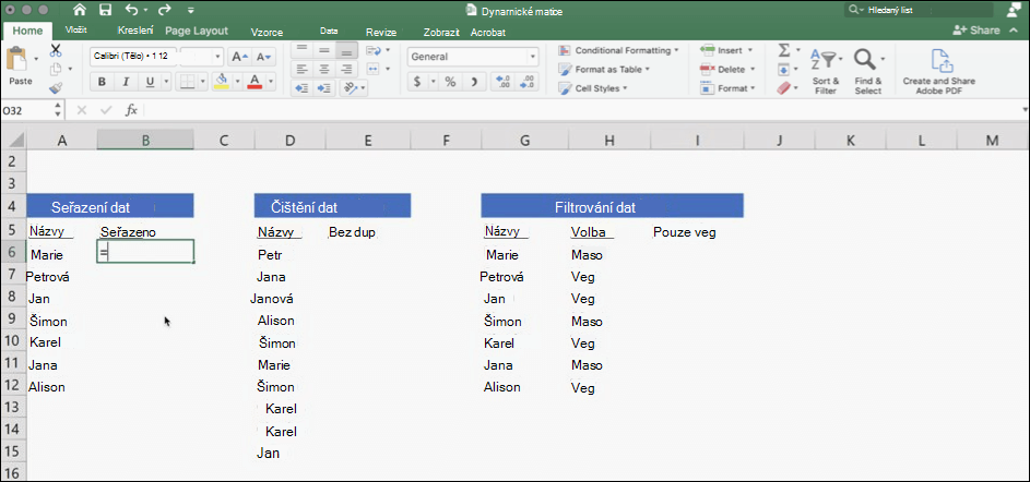 Snímek obrazovky Excelu s daty, které používají dynamické matice