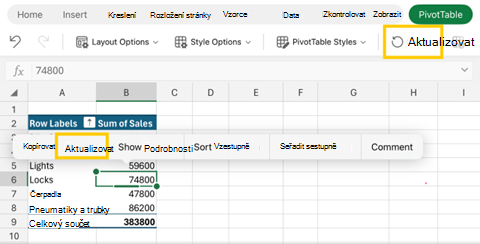 Snímek obrazovky s aktualizací kontingenční tabulky na Excel pro iPad