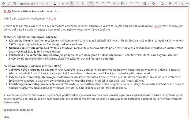 Snímek obrazovky s delším textem navrhovaným Copilotem v editoru formátovaného textu SharePointu