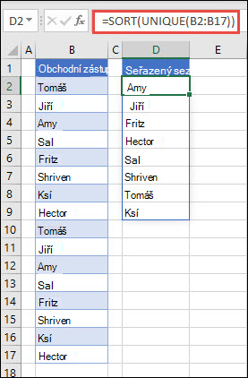 Použití funkce UNIQUE s funkcí SORT k vrácení seznamu názvů ve vzestupném pořadí