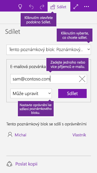 Snímek obrazovky s postupem sdílení celého poznámkového bloku ve OneNotu