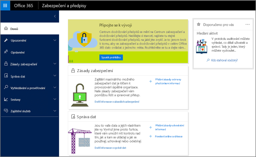 Snímek obrazovky s Office 365 zabezpečení a dodržování předpisů zarovnat na střed domovskou stránku.