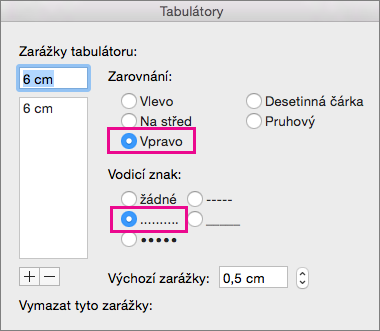 The Tab dialog box, set up for a right-aligned tab with dots