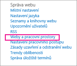 Weby a pracoviště na stránce Nastavení webu