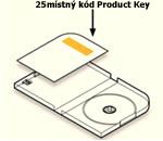 Kód Product Key nalepený uvnitř balení na štítku kartičky naproti uchycení disku na levé straně krabice