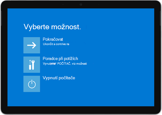 Modrá obrazovka s možnostmi pokračovat, vyřešit potíže nebo vypnout počítač.