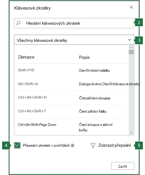 Přepsání zástupců prohlížeče v dialogovém okně Excel pro web