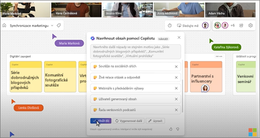 Zobrazuje návrhy Copilotu ve Whiteboardu během schůzky v Teams.