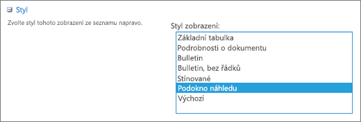 Výběr stylů na stránce pro nastavení zobrazení