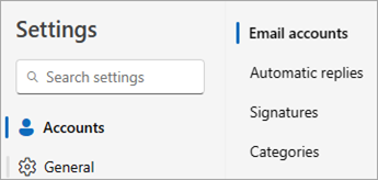 Snímek obrazovky Nastavení zobrazující účty > Email účty