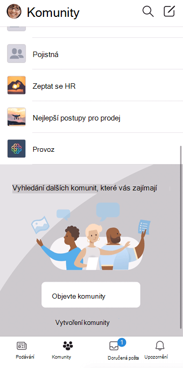 Snímek obrazovky znázorňující zjišťování komunit Yammeru v mobilní aplikaci