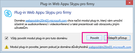 Důvěřovat doméně plug-inu Web Appu Skypu pro firmy
