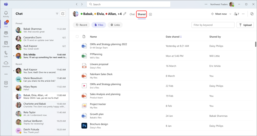 Snímek obrazovky zobrazující sdílené soubory ve skupinovém chatu Teams