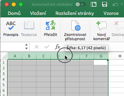 Snímek obrazovky znázorňující, jak změnit velikost šířky sloupců v Excelu pomocí myši