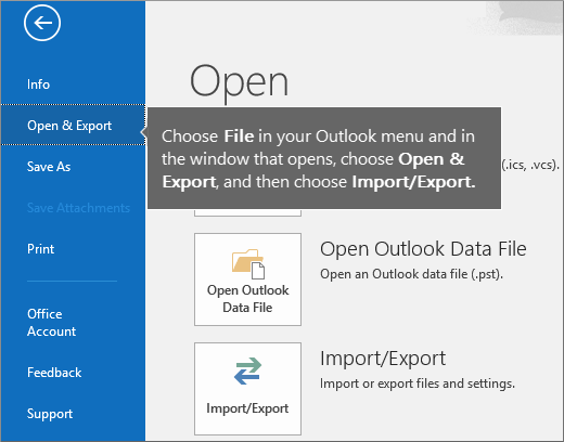 Pokud chcete vytvořit soubor PST Outlooku, vyberte Soubor, vyberte Otevřít a Exportovat a pak Import/Export.