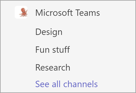 Tým s názvem Microsoft Teams má kanály pro návrh, zábavu a výzkum. Další kanály jsou skryté.