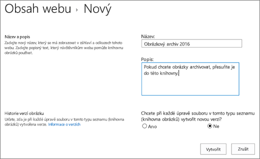 Zadejte název, popis a volitelnou správu verzí.