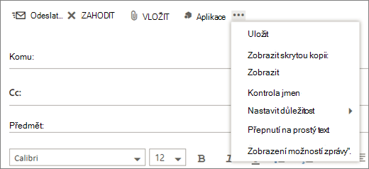 Snímek obrazovky s možnostmi dostupnými na panelu nástrojů poštovní zpráva.