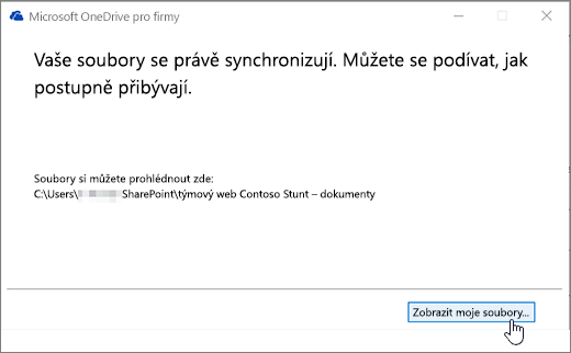 Dialog pro synchronizaci s OneDrivem pro firmy se zvýrazněným tlačítkem Zobrazit moje soubory