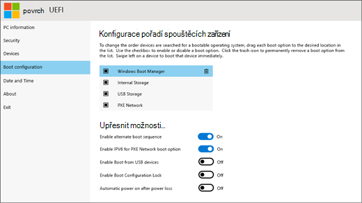 Obrazovka pro konfiguraci pořadí spouštěcích zařízení v Surface UEFI