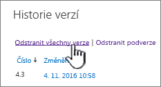 Dialogové okno Verze se zvýrazněnou možností Odstranit všechny verze