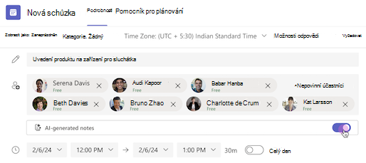 Poznámky vygenerované pomocí umělé inteligence jsou zapnuté v pozvánce na schůzku v Teams.