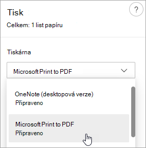 Snímek obrazovky znázorňující výběr aplikace Microsoft Print to PDF