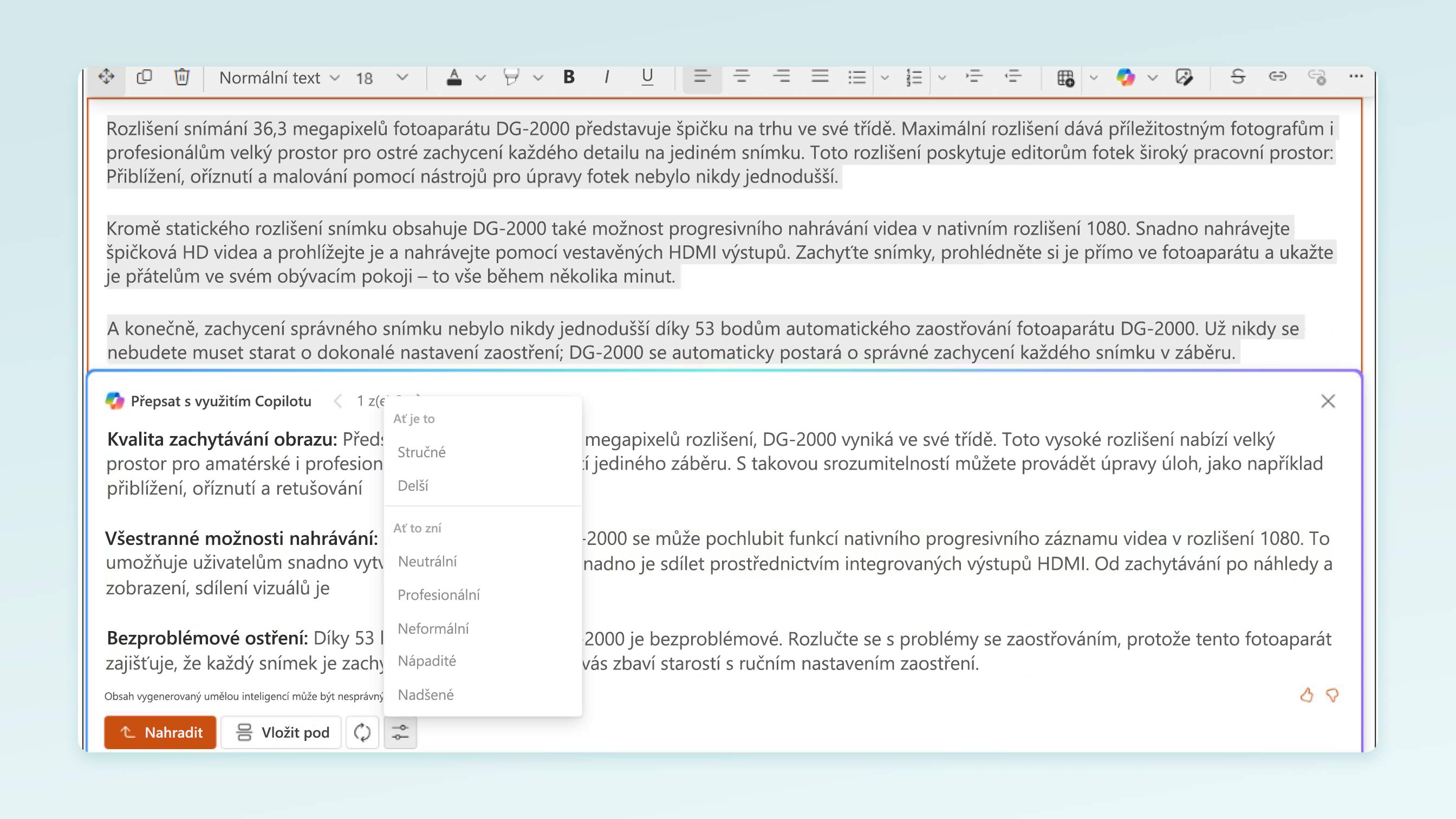 Snímek obrazovky pro cílovou stránku napište pomocí Copilota pro Sharepoint v editoru formátovaného textu